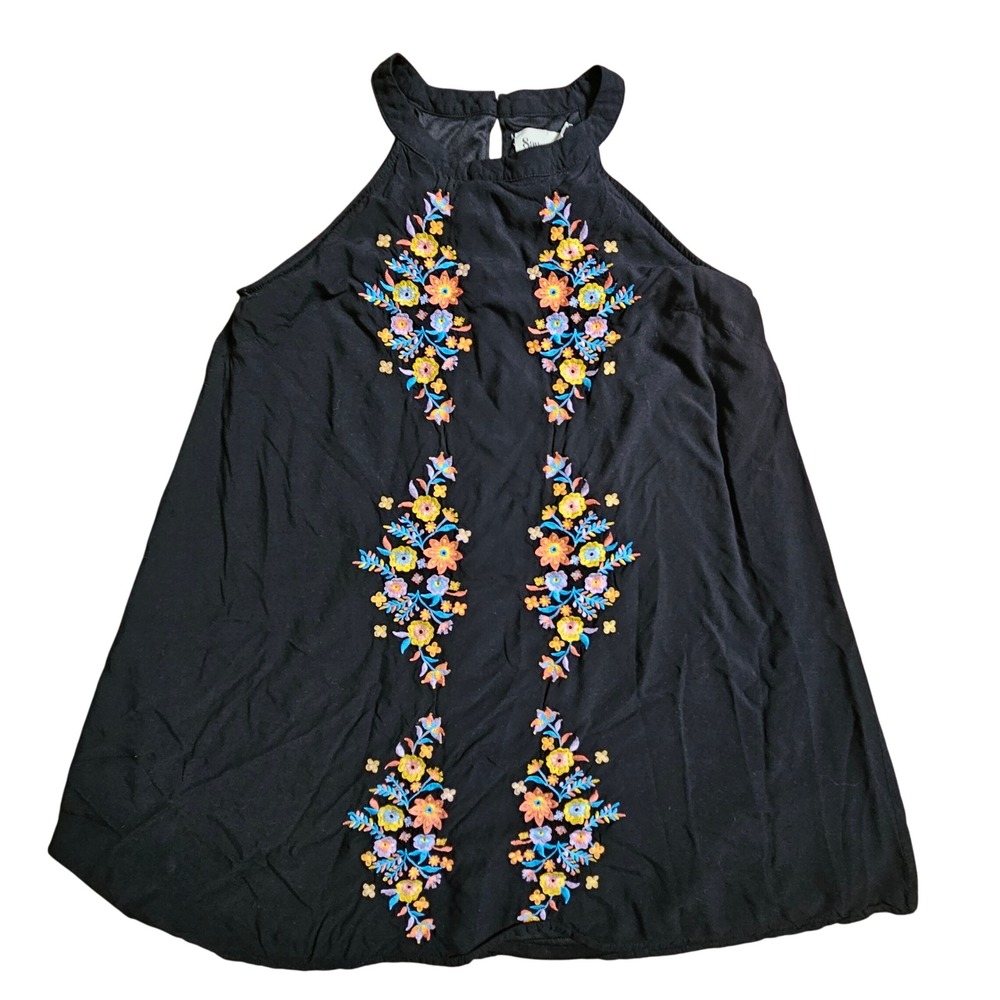 Savanna Jane Floral Embroidered Halter Shift Dress Tunic L Rayon Boho Chic